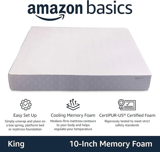 Amazon Basics Gel Memory Foam Mattress, Firm, Cooling, King Size Mattress, CertiPUR-US® Certified Foam, 80 x 76 x 10 inches, White/Gray