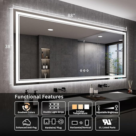 Bathroom Mirrors for Wall, 88x38 Inch Gradient Front and Backlight Big Lighted Mirror, 3 Colors Dimmable CRI>90 Double Lights, IP54 Enhanced Anti-Fog, LED Mirror for Bathroom