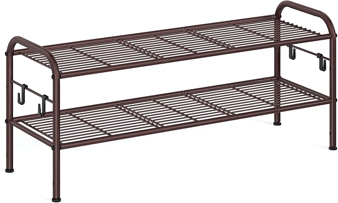 SONGMICS 2-Tier Shoe Organizer, Metal Shelf Storage With 4 Side Hooks, Holds 10 Pairs, Height-Adjustable Rack for Entryway, Hallway, Closet, Easy Assembly, Chestnut Brown