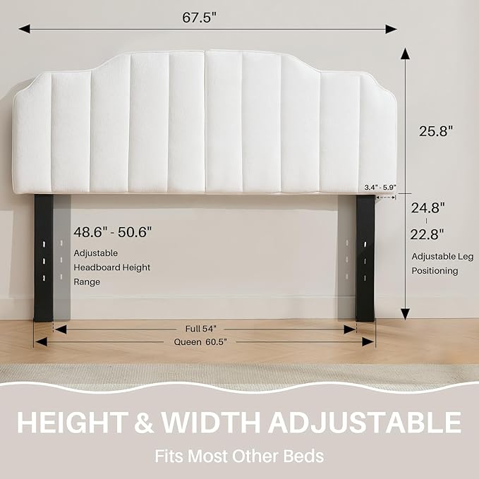 Queen Size Headboard White Upholstered Headboard Adjustable Height&Width Velvet Headboards Modern Vertical Channel Design Bed Head Board, White