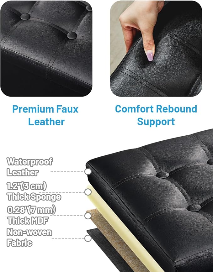 AmasSmile Storage Ottoman Folding Foot Rest Stool, Leather Footstool Bench, Short Ottoman Stool, Storage Foot Rest Store, Books (Black, 17" D x 13" W x 13" H)