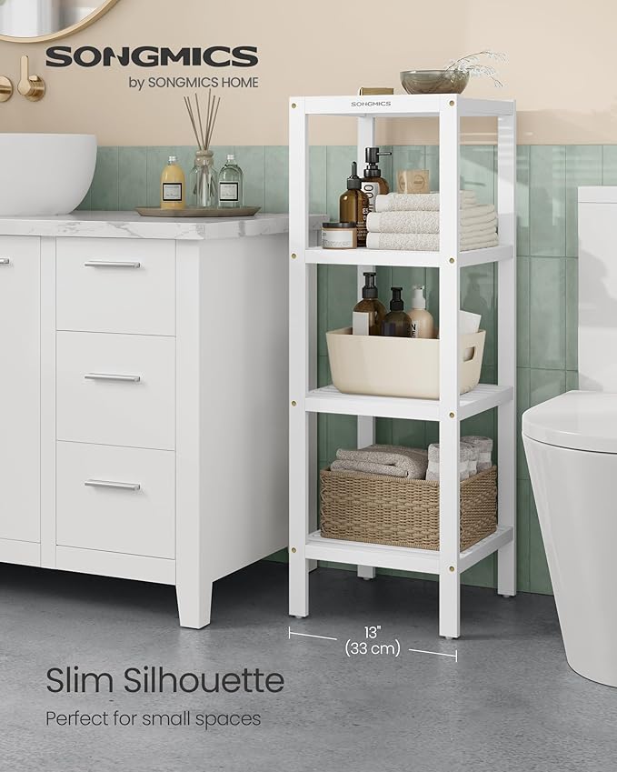 SONGMICS Bamboo Storage Shelf, 4-Tier Shelving Unit, Multifunctional, in The Entryway, Bathroom, Living Room, Balcony, Kitchen, 13 x 13 x 38.6 Inches, Cloud White UBCB054W01