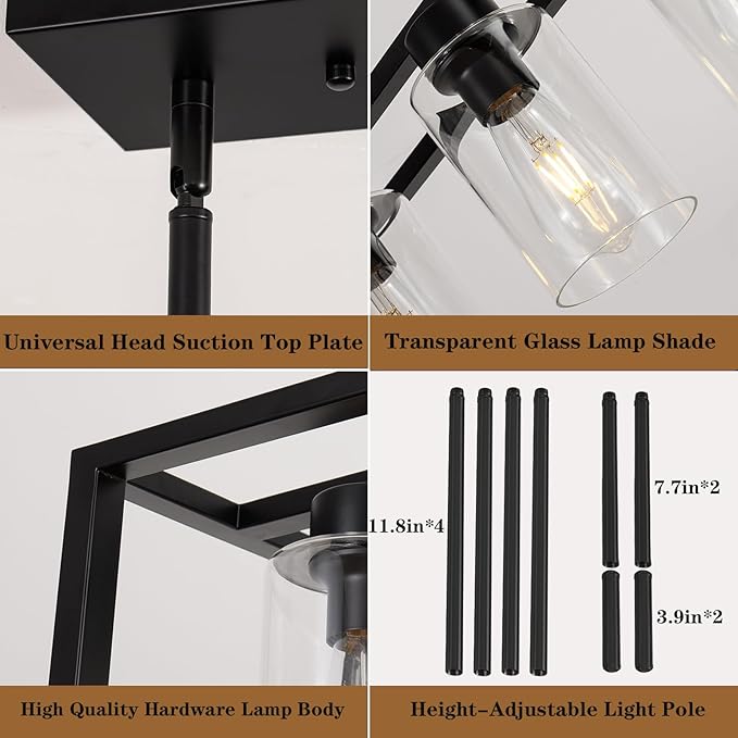 Farmhouse Dining Room Light Fixture Kitchen Island 6-Light Pendant Lighting, Adjustable Rectangle Black Contemporary Chandeliers with Glass Shade (6 Light)