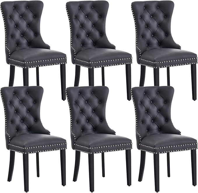 Leather Dining Chair Set of 6, Dining Room Chairs with Nailhead Ring Pull Trim, Upholstered Dining Chairs with Solid Wood Legs for Kitchen Dining Room (Black)