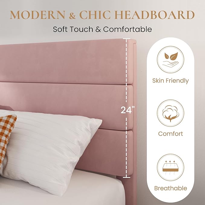 SHA CERLIN Twin Platform Bed Frame with Velvet Upholstered Headboard, Mattress Foundation with Strong Wooden Slats Support, No Box Spring Needed, Pink