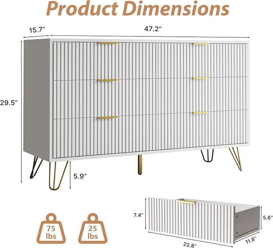 White Dresser for Bedroom, Modern Dresser with Gold Metal Handles & Chests of Drawers, Wood Chest of Drawers for Bedroom