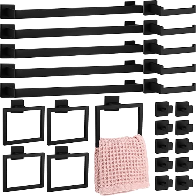 Gisafai 25 Pcs Bathroom Hardware Accessories Set 23.6 Inch Bath Towel Bar Kit Stainless Steel Bathroom Hardware Set Towel Racks Ring Hooks Paper Holder for Wall Mounted (Black)