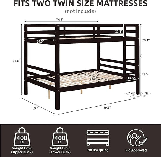 Full Over Full Bunk Bed with Thick Posts,Wooden Bunk Bed with High Guardrail and Ladder for Kids, Teens, Dorm Rooms, and Guest Rooms,No Box Spring Needed, Espresso