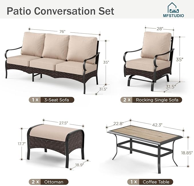 MFSTUDIO 6 PCS Outdoor Patio Furniture Set, Metal Outdoor Conversation Set, Rattan Wicker Patio Sectional Sofa Set with 2 x Rocking Single Sofa, 3-Seat Sofa, 2 x Ottoman, 1 x Coffee Table, Beige
