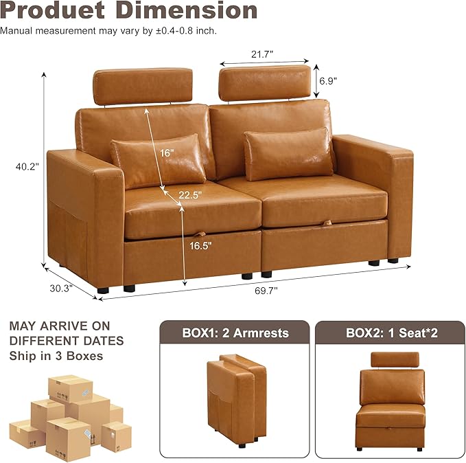 69.7" Loveseat Storage Sofa, Faux Leather Love Seat Couch with Headrest & Pocket, Modular Sectional Cloud 2 Seater Sofas for Living Room Apartment Small Spaces, Oversized Deep Seat Couches, Brown