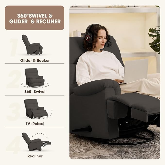 Dark Grey Glider Rocker Recliner,Swivel Rocking Recliner Chair,Glider Rocking Chair,Reclining Sofa Rocking Chair Nursery,23 Inches Deep Seat & 27 inches High Back,for Living Room