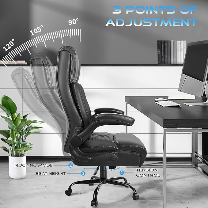 VITESSE Executive Office Chair,Heavy Duty Chair with Flip up Armrest,Ergonomic High Back Computer Gaming Chairs Home Office 400lbs, Big and Tall Office Chair with Lumbar Support(Black)