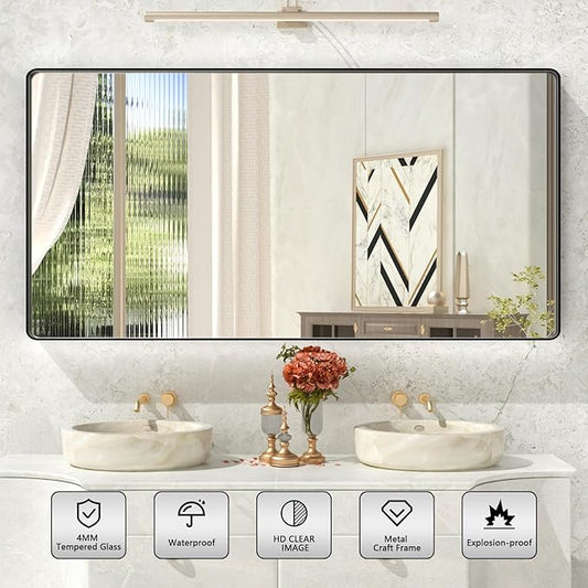 Rectangle Black Bathroom Mirror 60x28 Inch, Large Matte Black Bathroom Vanity Mirror,Round Corner Black Metal Framed Mirror for Wall,Anti-Rust,Tempered Glass (Horizontal/Vertical)