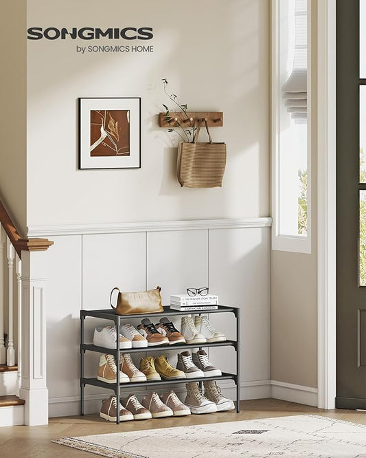 SONGMICS Shoe Rack, 3-Tier Shoe Storage Organizer, Space-Saving, 11.6 x 24.5 x 21 Inches, Entryway, Metal Frame, Non-Woven Fabric Shelves, Ink Black ULSH023BH01