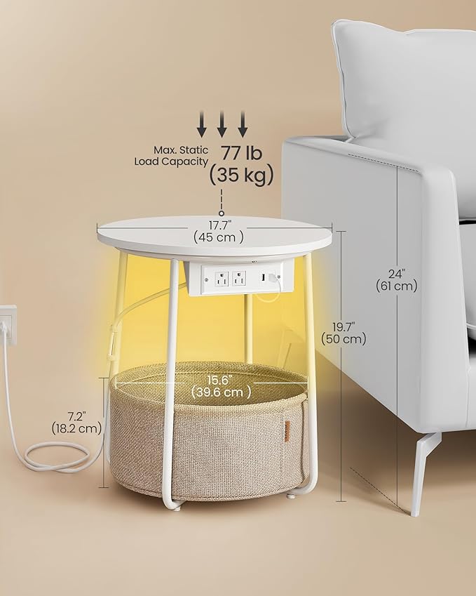 VASAGLE LILEA Collection - Side Table with Charging Station, Round End Table with Fabric Basket, LED Nightstand with USB Ports, Modern, for Living Room, Matte White and Camel Brown ULET227W01