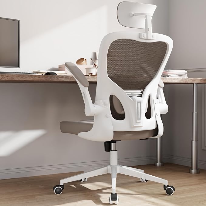 Monhey Office Chair Ergonomic Desk Chair with Lumbar Support&Headrest&Flip-up Arms Height Adjustable Rocking Swivel High Back Computer Chair Warm Taupe Mesh Study Chair (White+Khaki-2)