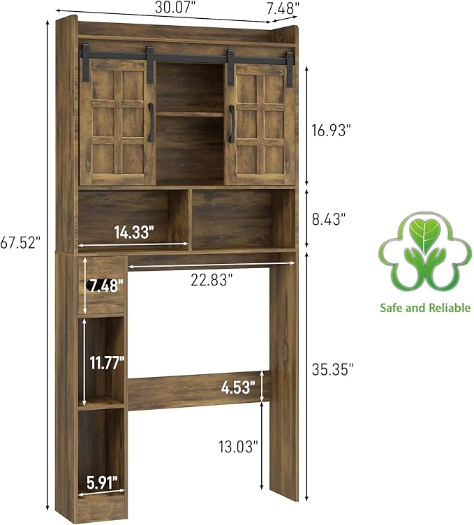 Over The Toilet Storage Cabinet, Farmhouse Storage Cabinet Over Toilet with Sliding Doors,Home Space-Saving Toilet Rack, for Bathroom, Restroom, Laundry. Brown