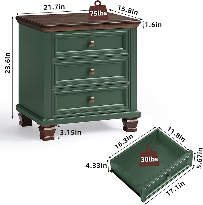 Farmhouse Nightstand with 3 Drawers, Rustic Couch End Table with 4 Square Solid Wood Legs, Mid-Century Vintage Bed Side Table with Storage, Small Dresser for Bedroom, Living Room, Green