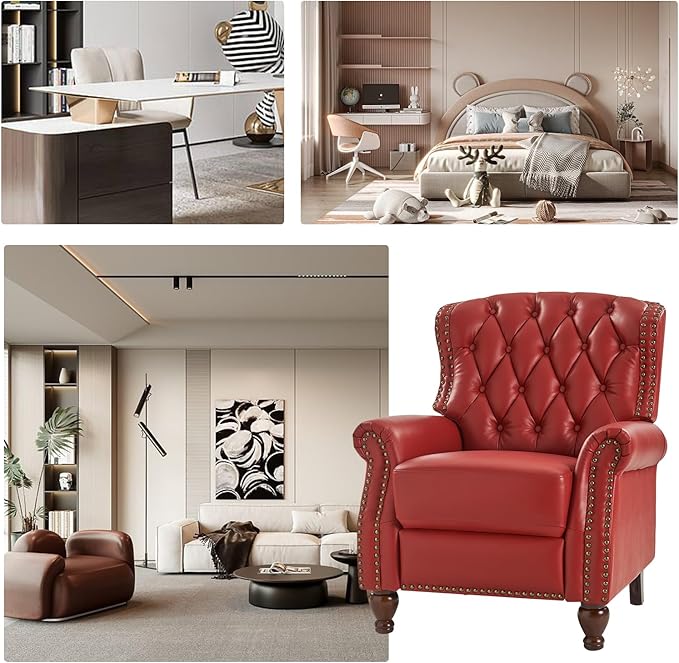 HULALA HOME Genuine Leather Recliner Chair with Solid Wood Legs, Modern Adjustable Tufted Push Back Arm Chair w/Rivet Decoration, Home Theater Seating Single Reclining Sofa for Living Room, Red
