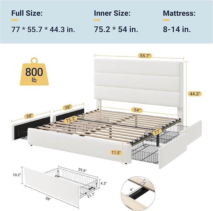 Allewie Modern Full Size Platform Bed Frame with 4 Storage Drawers and Velvet Upholstered Headboard, Wooden Slats Support, Upholstered Mattress Foundation/No Box Spring Needed/Easy Assembly, White