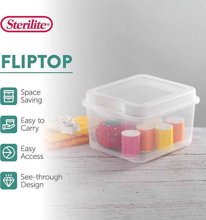 Sterilite 48-Pack Square Small FlipTop, Clear Plastic Storage Box with Hinged Lid - Stackable Multipurpose Organizer for Art and Craft Supplies, Accessories, Photos & CDs, Home or Office Use