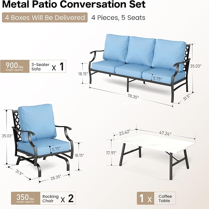 4 Piece Metal Outdoor Patio Furniture Set, Patio Conversation Set 1 3-seater Sofa, 2 Rocking Chair with 5.75" Extra Thick Cushion and Coffee Table, Black Frame Backyard Furniture, Blue