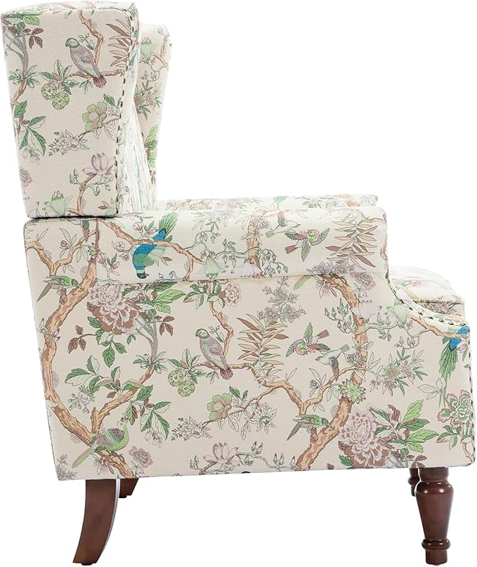 UIXE High Back Accent Chairs Set of 2, Fabric Upholstered Armchair for Living Room, Retro Printed Wingback Arm Chair Rivet Trimed Single Sofa Bedroom Reading Seat - Bird Floral