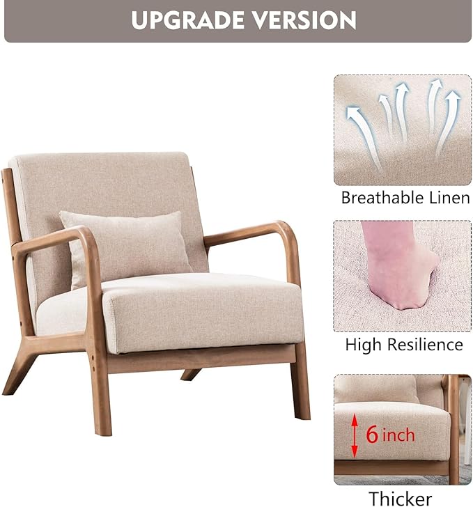 ANJHOME Mid Century Modern Accent Chairs Set of 2, Single Fabric Lounge Reading Armchair with Solid Wood Frame, Easy Assembly Arm Chairs for Living Room Beige 2