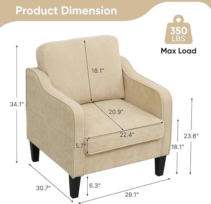 Accent Chair for Living Room, Mid Century Modern Reading Chair for Bedroom, Upholstered Armchair with Side Pockets, Comfy Single Sofa Side Chair for Office, Apartment, Small Room, Light Brown