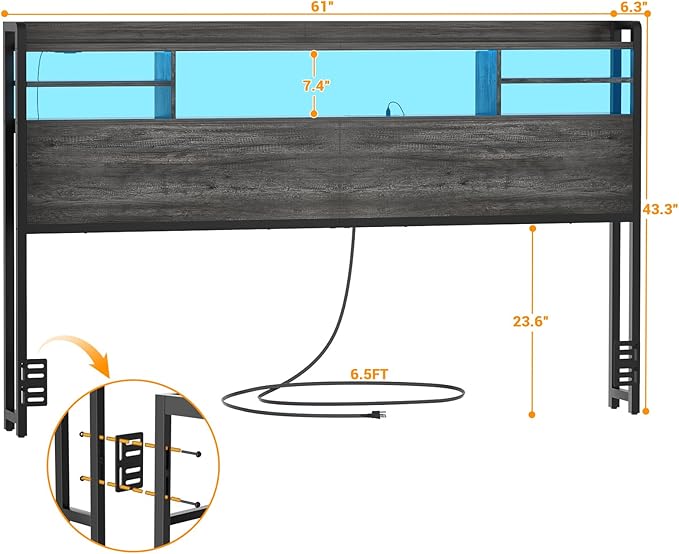 Aheaplus Headboard for Queen Size Bed with Storage, Headboards with LED Light, Power Outlets, USB Ports Queen Size Head Board, Wood headboard Only Sturdy and Stable Headboards, Modern, Black Oak
