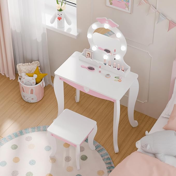 MU Kids Vanity Set with Lighted Mirror and Stool, Kids Make Up Vanity Desk with Storage Space, Wing Pattern for Little Girls, Toddler Princess Makeup Dressing Table with Chair Set, White