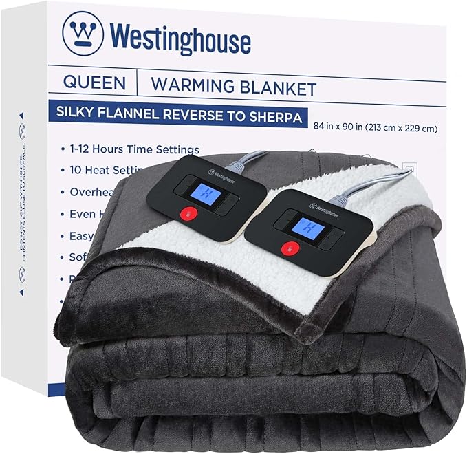 Westinghouse Electric Blanket Queen, Heated Blanket Queen Size with 10 Heating Levels and 1 to 12 Hours Heating Time Settings, Flannel to Sherpa Reversible, Machine Washable (84" x 90", Charcoal)