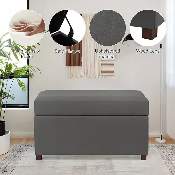 Asense Storage Ottoman Bench –32 Inch Stylish Compact Design with Storage, Extra Seating & Modern Leather Appeal for Living Room, Bedroom, Entryway, Slate Gray