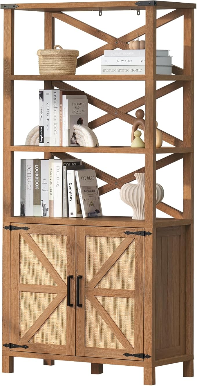 5 Tier Bookshelf 70" Rattan Boho Tall Bookcase with Barn Doors,Large Farmhouse Display Book Shelf with Adjustable Shelves and Storage Cabinet,Wood Bookshelves for Living Room,Kitchen,Natural