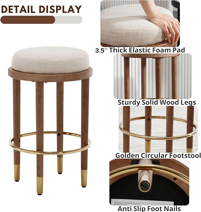 26’’ Rustic Backless Bar Stools with Metal Gold Footrest Counter Height Barstools Set of 6 Modern Round Farmhouse Beige Linen Upholstered Wooden Stools with Natural Solid Wood Legs for Kitchen Island