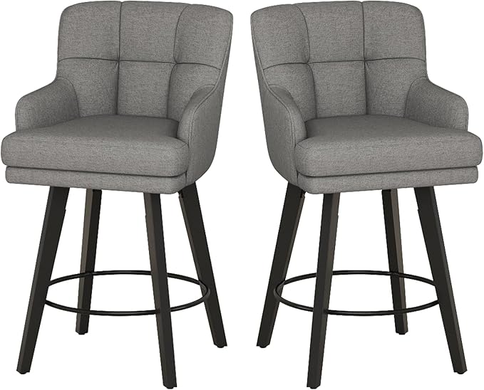 360°Swivel Counter Height Bar Stools with Back, 26 inch Solid Wood Legs, Bar Stool Modern Kitchen Island Chairs, Fabric (Mid-Grey- Fabric, 26" H- Set of 2)