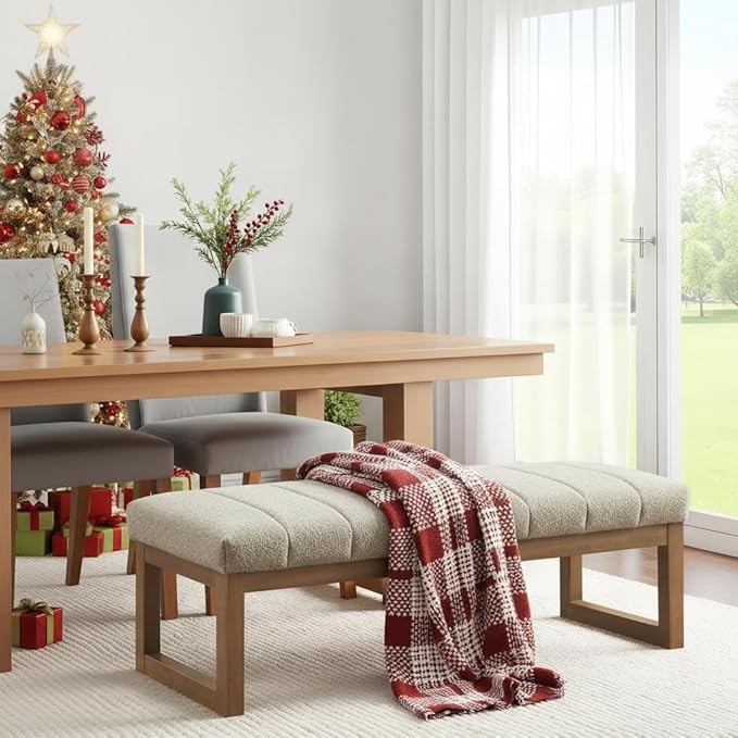 52.7" Bedroom Bench for End of Bed, Modern Upholstered Teddy Fabric Entryway Bench & Dining Bench, Footrest Stool Bench with Solid Wood Frame for Bedroom, Living Room (Camel)
