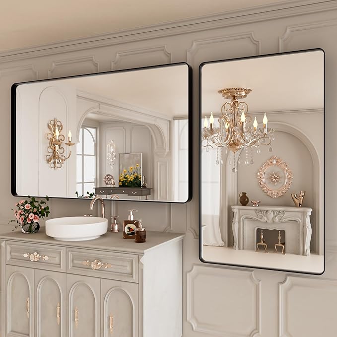 Bathroom Mirror Black,50x30 Inch Large Matte Black Bathroom Vanity Mirror,Rectangle Black Metal Framed Mirror for Wall,Anti-Rust,Shatter-Proof (Horizontal/Vertical)