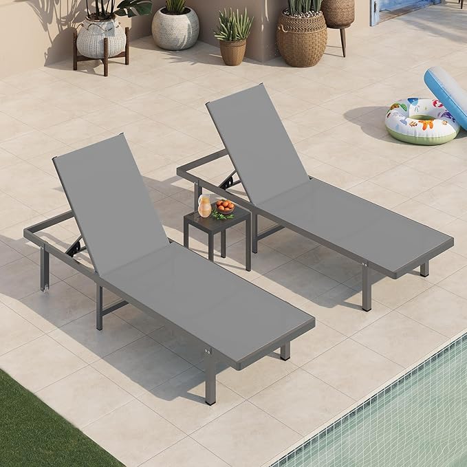 Pool Lounge Chairs Set of 3 (2 Loungers + 1 Side Table),Outdoor Lounge Chairs with Wheels and 5-Position Recliner, Aluminum Patio Lounge Chair for Poolside, Deck (Darkgray)