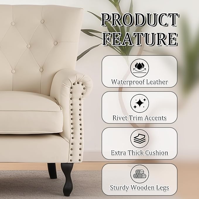 Modern Faux Leather Accent Chair, Upholstered Mid-Century Armchair with Solid Wood Legs, Single Sofa Chair for Living Room, Bedroom, or Reading Room(Ivory White)