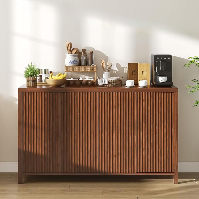 YOUDENOVA Fluted Buffet Cabinet with Storage, Modern Sideboard Cabinets with 4 Doors & Adjustable Shelves, Accent 56” Credenza Storage Cabinet, Wood Entryway Cabinet for Living Room Hallway, Brown