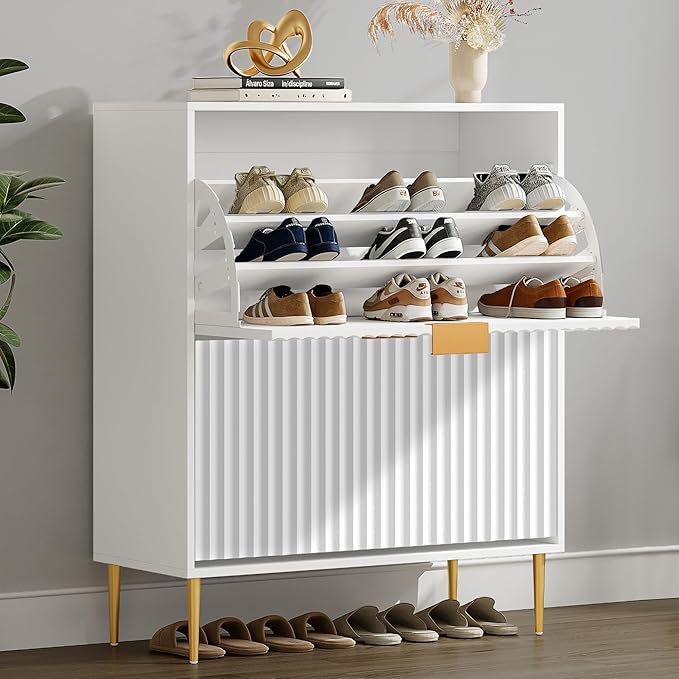 SICOTAS Fluted Shoe Cabinet Storage for Entryway with 2 Flip Drawers-11.8" Deep Freestanding Shoe Organizer Cabinet with 6-Tier Shelves, Large 20 Pairs Shoes Rack Cabinet for Foyer Hallway, White