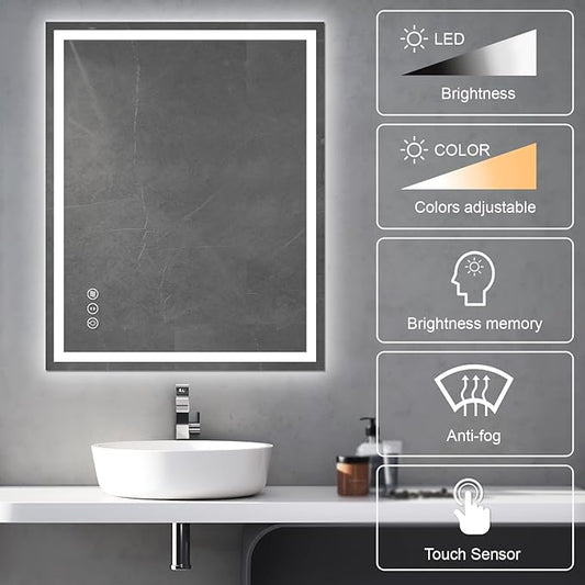 Awoco 40''x32'' LED Bathroom Mirror with Light, Lighted Vanity Mirror with Backlit and Front Light, Dimmable Anti-Fog Memory Function Lighted Mirror with 3 Colors for Bathroom Wall
