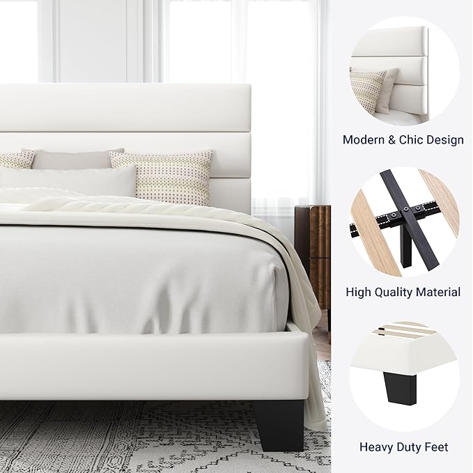 Allewie Full Size Platform Bed Frame with Velvet Upholstered Headboard and Wooden Slats Support, Fully Upholstered Mattress Foundation/No Box Spring Needed/Easy Assembly, White