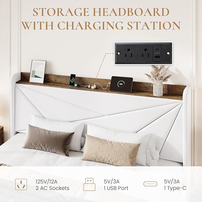 SHA CERLIN King Size Bed Frame with 3 Drawers, USB & Type-C Charging Ports, Velvet Upholstered Platform Bed with Modern Geometric Wingback Storage Headboard, No Box Spring Needed, Easy Assembly, White
