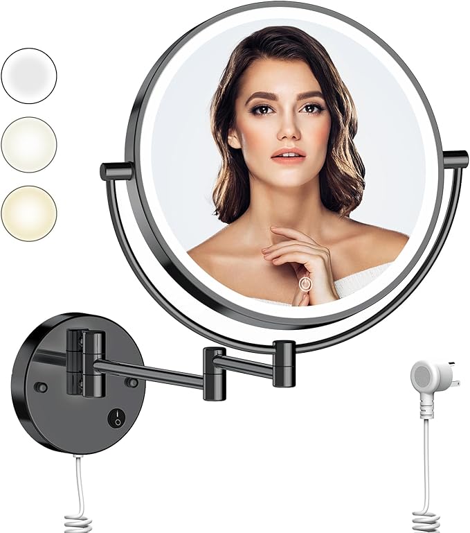 Rocollos 9" Plug-in Wall Mounted Lighted Makeup Mirror 1X/10X Magnification, Super Large Double Sided LED Vanity Mirror for Bathroom (Black)