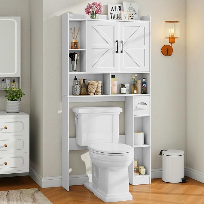 Vabches Over The Toilet Storage Cabinet, Farmhouse Storage Cabinet Over Toilet with 2 Barn Door & Toilet Paper Holder Stand,Home Space-Saving Toilet Rack, for Bathroom, Restroom, Laundry