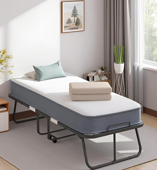Mjkone Folding Bed with Mattress for Adults, Rollaway Bed with Mattress, Space Saving Fold Up Bed with Lockable Wheel, Sturdy Foldable Frame and Memory Foam for Bedroom/Guest (75" x 38")