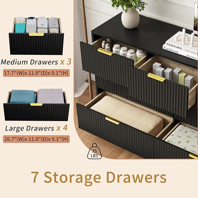 7 Drawers Dresser for Bedroom,55" Wide Fluted Dresser with Deep Drawers, Modern Chest of Drawers, Wood TV Stand Storage Organizer for Closet, Living Room, Hallway, Black