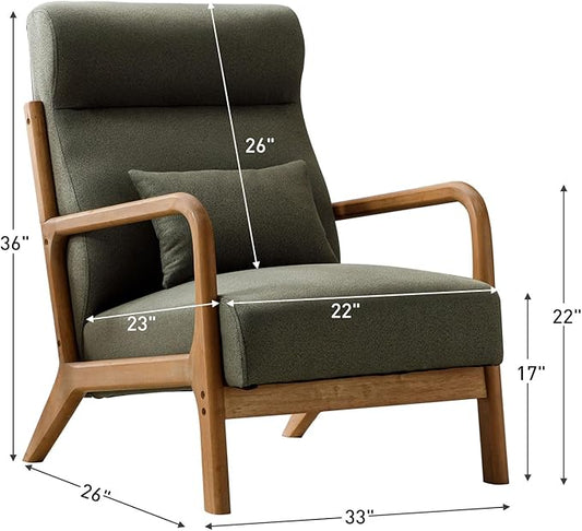 ANJHOME Mid Century Modern Accent Chair with High Back, Single Lounge Armchair with Solid Wood Frame, Comfy Reading Chair for Living Room, Easy Assembly